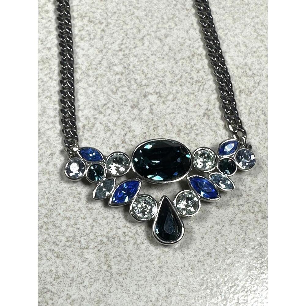 Givenchy Blue Crystal Statement Necklace 20” Silver Tone Designer Glam